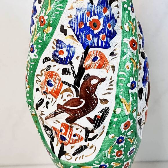 Vintage Persian Hand-Painted Metal Vase with Textured Flowers & Bird 8.5" - Picture 1 of 8